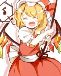Rule 34 | 1girl, :d, ^ ^, ascot, baker at bat, blonde hair, blush stickers, bow, crystal, ellen baker, closed eyes, flandre scarlet, hat, hat bow, hat ribbon, japa, laevatein, long hair, mob cap, musical note, new horizon, open mouth, parody, puffy short sleeves, puffy sleeves, quaver, ribbon, short sleeves, side ponytail, sketch, skirt, skirt set, smile, solo, spoken musical note, touhou, wings, wrist cuffs