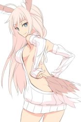 Rule 34 | 1girl, arms behind back, ass, bird tail, blue eyes, breasts, detached sleeves, feathers, hanna-justina marseille, head wings, large breasts, long hair, meme attire, pink hair, sakuraidai, sideboob, sleeves past wrists, solo, strike witches, tail, thighs, virgin killer sweater, white background, wings, witches of africa, world witches series