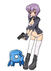 Rule 34 | 00s, 1girl, :3, artist request, boots, chibi, cyberpunk, ghost in the shell, ghost in the shell stand alone complex, gloves, grey panties, gun, handgun, jacket, kusanagi motoko, lowleg, lowleg panties, mecha, minimized, no pants, oekaki, panties, pistol, purple hair, red eyes, robot, science fiction, short hair, solo, standing, striped clothes, striped panties, tachikoma, thighhighs, underwear, weapon, white thighhighs