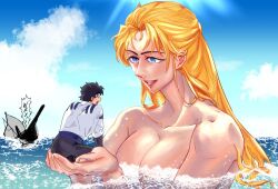 Rule 34 | 1girl, ashblanc195, blonde hair, blue eyes, blue sky, breasts, cleavage, cloud, couple, erina pendleton, giant, giantess, hands up, hetero, in palm, jojo no kimyou na bouken, jonathan joestar, large breasts, long hair, looking at another, open mouth, partially submerged, phantom blood, ship, shirt, short hair, size difference, sky, smile, water, watercraft, wryyyyyyyyyyyyyyyyyyyy