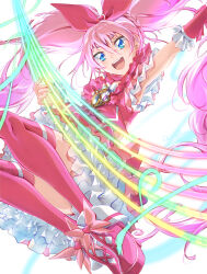 Rule 34 | 1girl, blue eyes, bow, brooch, choker, clear glass (mildmild1311), cure melody, earrings, frills, gradient background, guitar, heart, heart brooch, highres, houjou hibiki, instrument, jewelry, long hair, looking at viewer, magical girl, midriff, open mouth, pink bow, pink choker, pink hair, precure, ribbon, skirt, smile, suite precure, thighhighs, twintails, white background