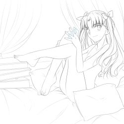 Rule 34 | 1girl, barefoot, between fingers, blush, bow, breasts, fate/stay night, fate (series), feet, gem, greyscale, hair bow, holding, lineart, long hair, medium breasts, monochrome, nude, on bed, pillow, sitting, sketch, smile, solo, tohsaka rin, tusia, twintails, two side up