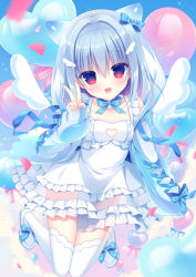 Rule 34 | 1girl, angel wings, animal ears, animal hood, balloon, bare shoulders, blue sky, cleavage cutout, clothing cutout, collarbone, commentary request, confetti, copyright request, day, detached wings, dress, fake animal ears, frilled dress, frills, hair intakes, hasune, heart balloon, highres, hood, hood up, hooded jacket, jacket, long sleeves, off shoulder, open clothes, open jacket, outdoors, pinching sleeves, puffy long sleeves, puffy sleeves, see-through, shoes, sky, sleeveless, sleeveless dress, sleeves past wrists, solo, thighhighs, v, virtual youtuber, white dress, white footwear, white jacket, white thighhighs, white wings, wings