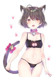 Rule 34 | 1girl, :d, animal ears, bad id, bad pixiv id, bare shoulders, bell, black bra, black panties, blush, bra, breasts, brown hair, cat cutout, cat ears, cat girl, cat lingerie, cat tail, cleavage, cleavage cutout, clothing cutout, collar, cowboy shot, fangs, hair between eyes, highres, looking at viewer, meme attire, navel, neck bell, open mouth, original, panties, paw print, paw print background, red eyes, red ribbon, ribbon, short hair, simple background, small breasts, smile, solo, tail, tail bell, tail ornament, tail ribbon, thigh gap, thighs, underwear, underwear only, urim (paintur), white background