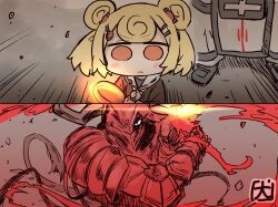 Rule 34 | 1boy, 2girls, akanotanin13, animal ears, arknights, armor, bear ears, bear girl, blonde hair, blush, candy hair ornament, chibi, comic, commentary request, expressionless, food-themed hair ornament, frying pan, full armor, grey background, gummy (arknights), hair ornament, helmet, holding, holding frying pan, holding sword, holding weapon, horns, mudrock (arknights), multiple girls, neckerchief, nightmare knight (arknights), one eye covered, orange eyes, red armor, sailor collar, short hair, signature, speed lines, sword, weapon, white neckerchief, white sailor collar, wide-eyed