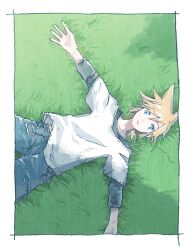 Rule 34 | 1boy, aged down, black shirt, blonde hair, blue eyes, blue shorts, border, child, cloud strife, final fantasy, final fantasy vii, final fantasy vii remake, grass, hair between eyes, low ponytail, lying, male focus, michibata 65, on back, outstretched arms, parted lips, shirt, shirt under shirt, shorts, solo, spiked hair, t-shirt, upper body, white border, white shirt