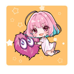 1girl ahoge blush chibi fang from_behind from_side full_body hair_intakes heart highres idolmaster idolmaster_cinderella_girls looking_at_viewer medium_hair multicolored_hair no_pants open_mouth orange_background pink_eyes pink_hair pink_wristband rino_cnc short_sleeves skin_fang smile solo star_(symbol) star_symbol_background thighs two-tone_hair yumemi_riamu