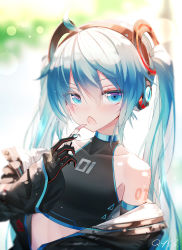 Rule 34 | 1girl, ahoge, black gloves, blue eyes, blue hair, blurry, blurry background, chewing gum, gloves, hair between eyes, hatsune miku, headphones, highres, long hair, looking at viewer, number tattoo, open mouth, qys3, shoulder tattoo, solo, tattoo, twintails, vocaloid