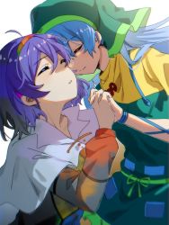 Rule 34 | 2girls, ahoge, apron, blue hair, cape, closed eyes, closed mouth, green apron, green headwear, hairband, haniyasushin keiki, head scarf, highres, holding hands, jewelry, long hair, long sleeves, magatama, magatama necklace, maisuiren, multicolored clothes, multicolored hairband, multiple girls, necklace, parted lips, patchwork clothes, short hair, simple background, single strap, smile, tenkyuu chimata, touhou, upper body, white background, white cape