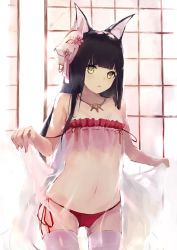 Rule 34 | 1girl, absurdres, animal ear fluff, animal ears, azur lane, bare arms, bare shoulders, black hair, blush, brown eyes, commentary request, cowboy shot, dress, flower, fox ears, fox mask, gluteal fold, hanagin, highres, indoors, long hair, looking at viewer, mask, mask on head, nagato (azur lane), nagato (great fox&#039;s respite) (azur lane), navel, panties, parted lips, pink flower, red panties, see-through, side-tie panties, solo, standing, strap slip, thighhighs, underwear, very long hair, white dress, white thighhighs