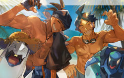 Rule 34 | 2boys, abs, ahoge, black headwear, blue hair, carracosta, clenched teeth, closed eyes, cloud, commentary request, creatures (company), dark-skinned male, dark skin, day, duraludon, game freak, gen 5 pokemon, gen 8 pokemon, goggles, goggles around neck, grin, gym leader, hand on own hip, hand up, highres, jewelry, male focus, marlon (pokemon), multiple boys, natsuko (summer 525528), navel, necklace, nintendo, outdoors, pokemon, pokemon (creature), pokemon bw2, pokemon swsh, raihan (pokemon), short hair, shorts, sky, smile, teeth, topless male