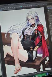 1girl artist_logo ascot bare_legs barefoot beneceadraws black_dress black_footwear blush breasts buttons cape closed_mouth commentary corrupted_twitter_file crossed_legs double-breasted dress edelgard_von_hresvelg english_commentary eyelashes feet fire_emblem fire_emblem:_three_houses foot_out_of_frame forehead gloves gold_trim grey_hair hair_ribbon high_heels highres impossible_clothes impossible_dress knee_up legs lips logo long_hair long_sleeves medium_breasts nintendo parted_bangs photo_(medium) purple_background purple_eyes purple_ribbon red_cape ribbon short_dress sidelocks sitting thighs toenails toes two-tone_background unfinished white_background white_gloves