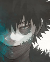 Rule 34 | 1boy, absurdres, black hair, boku no hero academia, burn scar, dabi (boku no hero academia), ear piercing, grey background, hair between eyes, highres, looking at viewer, piercing, portrait, scar, scar on face, short hair, solo, split theme, stfr (stfr kaz)
