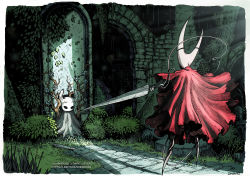 Rule 34 | border, branch, bush, cloak, crack, cracked wall, flower, gender request, grey cloak, hatching (texture), holding, holding weapon, hollow knight, hornet (hollow knight), knight (hollow knight), leaf, light particles, light rays, needle (hollow knight), plant, red cloak, shinbross, signature, standing, torn, torn cloak, torn clothes, watermark, weapon, white flower