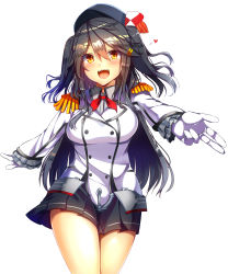 Rule 34 | 1girl, alternate costume, alternate hairstyle, black hair, black skirt, breasts, brown eyes, buttons, cosplay, cowboy shot, epaulettes, frilled sleeves, frills, gloves, hair between eyes, hair ornament, hairclip, haruna (kancolle), highres, jacket, kantai collection, kashima (kancolle), kashima (kancolle) (cosplay), kerchief, large breasts, long hair, long sleeves, military, military jacket, military uniform, miniskirt, neckerchief, open mouth, pleated skirt, red neckerchief, sidelocks, skirt, solo, thighs, tsukui kachou, twintails, two side up, uniform, walking, wavy hair, white gloves, white jacket
