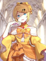 Rule 34 | 1girl, aku no musume (vocaloid), bare shoulders, blonde hair, bow, bowtie, castle interior, colored eyelashes, commentary request, detached collar, dress, flower, frilled sleeves, frills, hair bow, hair ornament, hairclip, high ponytail, highres, indoors, kagamine rin, light particles, long sleeves, neck flower, off-shoulder dress, off shoulder, orange bow, orange bowtie, riliane lucifen d&#039;autriche, rose, sidelocks, solo, sunlight, vocaloid, waka (wk4444), wide sleeves, yellow dress, yellow flower, yellow rose