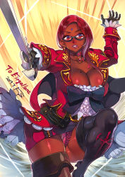 Rule 34 | 1girl, body blush, boots, breasts, choker, cleavage, commission, dark-skinned female, dark skin, earrings, f.s., female focus, glasses, gloves, gluteal fold, highres, jewelry, large breasts, lipstick, long hair, looking at viewer, makeup, mole, mole on breast, mole under mouth, original, plump, purple eyes, red hair, shiny skin, solo, sword, very dark skin, weapon