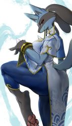 Rule 34 | 1girl, absurdres, animal ears, animal hands, artist name, blue legwear, bracelet, capcom, china dress, chinese clothes, chun-li, chun-li (cosplay), cosplay, creatures (company), dated, dress, furry, furry female, game freak, gen 4 pokemon, highres, jewelry, looking at viewer, lucario, nintendo, pokemon, pokemon (creature), red eyes, smile, solo, street fighter, street fighter 6, thick thighs, thighs, white dress, yuio58ok