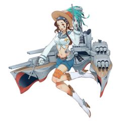 Rule 34 | 1girl, braid, brown eyes, brown hair, full body, gun, handgun, jewelry, looking at viewer, necklace, official art, pistol, salmon88, simple background, solo, uss arizona (victory belles), victory belles, weapon, white background