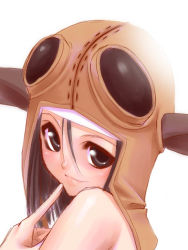 Rule 34 | 00s, 1girl, bare shoulders, black eyes, black hair, female goblin, final fantasy, final fantasy xi, finger to mouth, goblin, goblin (final fantasy), goggles, hair between eyes, hat, hume, light smile, looking at viewer, pointy ears, portrait, simple background, solo, tori, tori (torinchi), white background