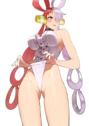 Rule 34 | 1girl, absurdres, arms at sides, bare shoulders, blush, breasts, closed mouth, cowboy shot, feet out of frame, fingernails, frontal wedgie, gluteal fold, hair rings, highres, joy boy, large breasts, leotard, leotard lift, lips, long hair, multicolored hair, one eye covered, one piece, purple eyes, red hair, simple background, solo, standing, two-tone hair, uta (one piece), very long hair, wedgie, white background, white hair