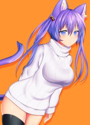 Rule 34 | 1girl, animal ear fluff, animal ears, arm behind back, bell, black thighhighs, breasts, cat ears, cat tail, hair ornament, highres, impossible clothes, impossible sweater, long hair, long sleeves, looking at viewer, mofuaki, no pants, orange background, original, purple eyes, purple hair, shiny skin, simple background, solo, sweater, tail, thighhighs, turtleneck, turtleneck sweater, twintails