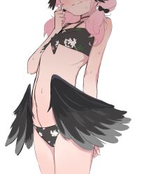 Rule 34 | 1girl, arm behind back, bikini, black bikini, black wings, blue archive, blush, clenched hand, closed mouth, feathered wings, flat chest, floral print, head out of frame, head wings, highres, koharu (blue archive), koharu (swimsuit) (blue archive), low wings, official alternate costume, pink hair, rnekon215, simple background, solo, sweat, swimsuit, twintails, white background, wings