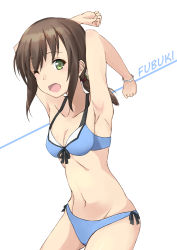 Rule 34 | armband, arms up, bikini, blue bikini, bow, bow bikini, breasts, brown hair, cleavage, commentary request, flower, fubuki (kancolle), green eyes, hair between eyes, hair flower, hair ornament, highres, kantai collection, looking at viewer, minosu, navel, one eye closed, open mouth, short twintails, sidelocks, small breasts, swept bangs, swimsuit, twintails, white background