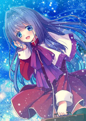 Rule 34 | 1girl, :d, bag, black thighhighs, blue eyes, blue hair, blush, brown bag, capelet, commentary request, cowboy shot, dress, eyes visible through hair, floating clothes, floating hair, hair between eyes, hair intakes, hand in own hair, hand up, highres, holding, holding bag, izumi makoto, kanon, long hair, minase nayuki, night, open mouth, outdoors, red dress, short dress, smile, snowflakes, snowing, solo, standing, straight hair, thighhighs, very long hair, white capelet, winter