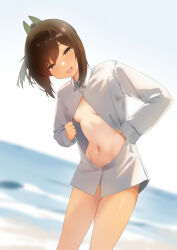 Rule 34 | 1girl, blurry, blurry background, blush, breasts, brown eyes, brown hair, buttons, collared shirt, day, feet out of frame, highres, i-401 (kancolle), kantai collection, long sleeves, navel, ocean, open mouth, outdoors, ponytail, sakieko, shirt, short hair, small breasts, smile, solo, white shirt