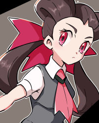 Rule 34 | 1girl, bad id, bad pixiv id, brown hair, closed mouth, collared shirt, creatures (company), etsuko pkmn, game freak, gym leader, hair pulled back, highres, looking at viewer, necktie, nintendo, one-hour drawing challenge, pokemon, pokemon oras, red eyes, ribbon, roxanne (pokemon), shirt, short sleeves, simple background, solo, twintails, upper body
