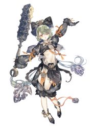 Rule 34 | androgynous, anklet, arm up, armlet, black footwear, black skirt, bow, chestnut mouth, criac, full body, gender request, green hair, hair bow, hair ornament, hair over one eye, hair rings, hair stick, highres, holding, holding weapon, jewelry, long sleeves, looking at viewer, mace, midriff, navel, orange eyes, orange ribbon, original, ribbon, skirt, standing, weapon