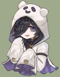 Rule 34 | 1girl, bags under eyes, black hair, cropped torso, eno (preno gb), granblue fantasy, green background, hair ornament, hair over one eye, hands up, hood, hood up, hooded robe, lich (granblue fantasy), lich (halloween) (granblue fantasy), long hair, looking at viewer, open mouth, purple eyes, ringed eyes, robe, sharp teeth, simple background, sleeves past fingers, sleeves past wrists, smile, solo, teeth, upper body, white robe