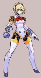Rule 34 | 1girl, aegis (persona), android, blonde hair, blue eyes, bow, bowtie, chef033, commentary, english commentary, full body, grey background, hairband, headphones, highres, joints, looking afar, mechanical parts, persona, persona 3, red bow, red bowtie, robot ears, robot joints, short hair, simple background, solo, standing