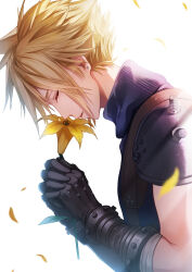 Rule 34 | 1boy, armor, bandaged arm, bandages, black gloves, blonde hair, blue shirt, blurry, blurry foreground, closed eyes, cloud strife, crying, earrings, facing to the side, falling petals, final fantasy, final fantasy vii, final fantasy vii rebirth, final fantasy vii remake, flower, gloves, hair between eyes, head down, highres, holding, holding flower, jewelry, lily (flower), male focus, own hands clasped, own hands together, papiwanko, parted lips, petals, profile, shirt, short hair, shoulder armor, single earring, single shoulder pad, sleeveless, sleeveless turtleneck, solo, spiked hair, suspenders, tears, turtleneck, upper body, white background, yellow flower, yellow petals