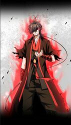 Rule 34 | 1boy, aura, black pants, black sleeves, black tunic, brown hair, closed mouth, fan zhuo, hand up, long hair, looking at viewer, magic emperor, pants, red eyes, red tunic, smile, two-tone tunic, white background
