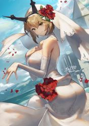 Rule 34 | 1girl, ass, bare shoulders, breasts, bridal veil, brown hair, closed mouth, commission, commissioner upload, day, dress, female focus, flipped hair, flower, from side, green eyes, hair flower, hair ornament, hand on own chest, headgear, highres, jewelry, kantai collection, large breasts, looking at viewer, mutsu (kancolle), ocean, outdoors, ring, scottie (phantom2), second-party source, short hair, signature, sky, smile, solo, standing, twisted torso, veil, wedding band, wedding dress, white dress
