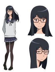 Rule 34 | 10s, 1girl, annoyed, arms behind back, black footwear, black hair, black pantyhose, blue skirt, blunt bangs, blush, breasts, cardigan, character sheet, cropped, digimon, digimon adventure tri., expressionless, fringe trim, full body, glasses, grey shirt, half-closed eyes, highres, light smile, loafers, long hair, long sleeves, looking at viewer, looking to the side, md5 mismatch, mochizuki meiko, multiple views, official art, pantyhose, parted bangs, pigeon-toed, pink eyes, pleated skirt, print skirt, purple-framed eyewear, purple eyes, ribbon, school uniform, serafuku, shirt, shoes, simple background, skirt, small breasts, smile, standing, uki atsuya, white background