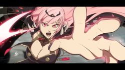 Rule 34 | 1girl, black nails, breasts, cleavage, holding, holding scythe, hololive, hololive english, large breasts, letterboxed, long hair, mori calliope, mx. moz, nail polish, pink hair, reaching, reaching towards viewer, red eyes, scythe, shoulder spikes, solo, spikes, veil, virtual youtuber
