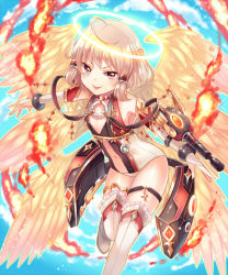 Rule 34 | 1girl, brown eyes, brown hair, flat chest, halo, official art, senjou no electro girl, shina shina, short hair, solo, thighhighs, weapon, wings