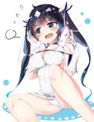 Rule 34 | 10s, 1girl, @ @, a:n (angrynum), bad id, bad pixiv id, black hair, blue eyes, blue ribbon, blunt bangs, blush, breasts, cleavage, cleavage cutout, clothing cutout, confused, deep skin, dress, dungeon ni deai wo motomeru no wa machigatteiru darou ka, female focus, flying sweatdrops, gloves, hair ribbon, hestia (danmachi), highres, impossible clothes, large breasts, long hair, open mouth, panties, pantyshot, rei no himo, ribbon, simple background, sitting, solo, twintails, underwear, very long hair, white dress, white gloves, white panties