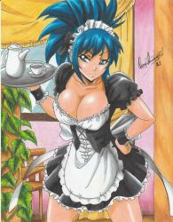 Rule 34 | 1girl, 2021, blue eyes, blue hair, breasts, cleavage, highres, large breasts, leona heidern, long hair, maid, maid headdress, ponytail, ravernclouk design, skirt, snk, the king of fighters