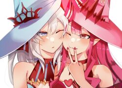 Rule 34 | 2girls, :t, baobhan sith (fate), baobhan sith (valentine witches) (fate), bare shoulders, blue headwear, blush, cheek-to-cheek, close-up, closed mouth, fang, fate/grand order, fate (series), grey eyes, hat, heads together, heart, highres, long hair, mabotofu maki, morgan le fay (fate), morgan le fay (valentine witches) (fate), mother and daughter, multiple girls, one eye closed, pink hair, pink headwear, pointy ears, sidelocks, skin fang, upper body, v, white background, white hair, witch hat