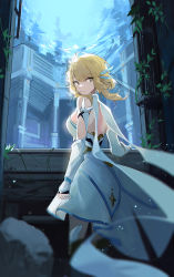 Rule 34 | 1girl, backless dress, backless outfit, blonde hair, buri (retty9349), closed mouth, detached sleeves, dress, from behind, genshin impact, highres, looking back, lumine (genshin impact), sidelocks, solo, standing, white dress, window, yellow eyes
