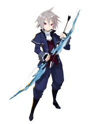 Rule 34 | 1boy, ahoge, arrow (projectile), black footwear, blue pants, boots, bow (weapon), fingerless gloves, full body, gloves, grey hair, hair between eyes, harada takehito, highres, holding, holding arrow, holding bow (weapon), holding weapon, long sleeves, male focus, official art, pants, red eyes, shikabane-gurai no bouken meshi, transparent background, weapon