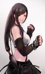 Rule 34 | 1girl, black hair, black skirt, breasts, brown hair, commentary request, elbow gloves, final fantasy, final fantasy vii, fingerless gloves, from side, gloves, grin, jewelry, large breasts, long hair, looking at viewer, low-tied long hair, masayoshi, midriff, red eyes, simple background, skirt, smile, solo, suspender skirt, suspenders, tank top, tifa lockhart, white background