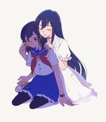 Rule 34 | 2girls, black legwear, blue hair, blue skirt, choker, closed eyes, comforting, dress, flip flappers, frilled dress, frills, hand on another&#039;s shoulder, keiya, kokomine cocona, long hair, mimi (flip flappers), mother and daughter, multiple girls, neckerchief, open mouth, pleated skirt, puffy short sleeves, puffy sleeves, red neckerchief, school uniform, short hair, short sleeves, simple background, sitting, skirt, smile, spoilers, tears, thighhighs, watch, white dress, wristwatch