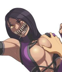 Rule 34 | 1girl, armpits, baka guruo, black hair, breasts, cleavage, elbow gloves, fingerless gloves, gloves, grabbing, grabbing another&#039;s breast, groping, highres, large breasts, leotard, long hair, mileena (mortal kombat), mortal kombat (series), mortal kombat 9, one eye closed, open mouth, purple gloves, saliva, sharp teeth, short hair, slit pupils, solo focus, tears, teeth, transparent background, upper body, wince, wink, yellow eyes