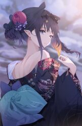 Rule 34 | 1girl, absurdres, back, black hair, black kimono, blue eyes, blurry, blurry background, braid, commentary, diamond hairband, english commentary, furisode, hair bun, haori, highres, hololive, hololive english, japanese clothes, kimono, long hair, looking at viewer, looking back, ninomae ina&#039;nis, ninomae ina&#039;nis (new year), obi, off shoulder, official alternate costume, pointy ears, pola (1021), print kimono, sash, single bare shoulder, single hair bun, smile, solo, tentacle hair, virtual youtuber