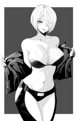 Rule 34 | 1girl, :p, absurdres, angel (kof), black872233196, bra, breasts, cleavage, curvy, hair over one eye, half-closed eyes, highres, jacket, large breasts, legs, looking at viewer, monochrome, naughty face, navel, open clothes, open jacket, presenting, seductive gaze, seductive smile, short hair, smile, snk, solo, strapless, strapless bra, the king of fighters, thighs, toned, tongue, tongue out, underwear